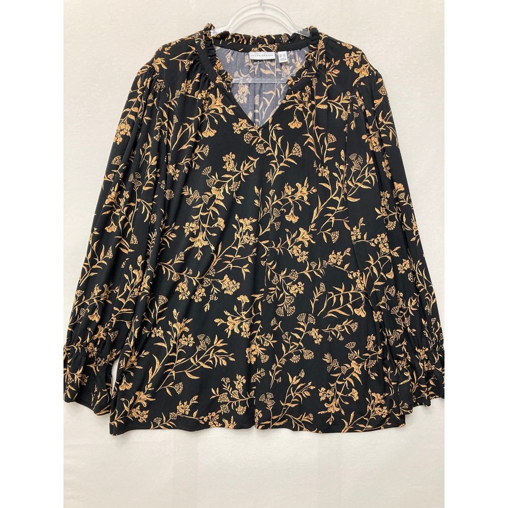 Susan Graver Blouse 3X Black Yellow Floral Ruffle V-Neck Liquid Knit Stretch